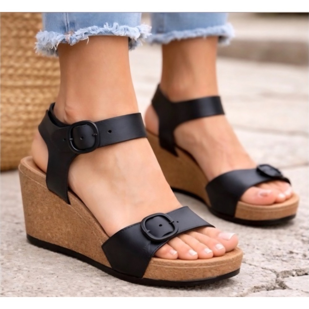 Papillio by Birkenstock Soley Black Leather Cork Slingback Wedge Sandals 38 7